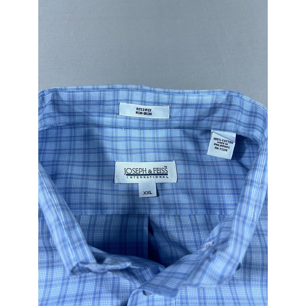 Joseph & Feiss Men's XXL Blue Check Non-Iron 100% Cotton Button Down Dress Shirt - Picture 3 of 9